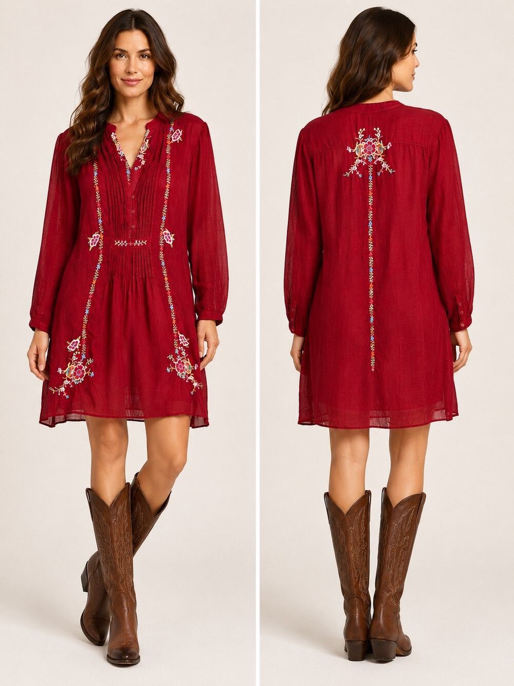 Johnny Was Red Floral Embroidered Semi Sheer Tunic Dress Coverup Women’s L Boho
